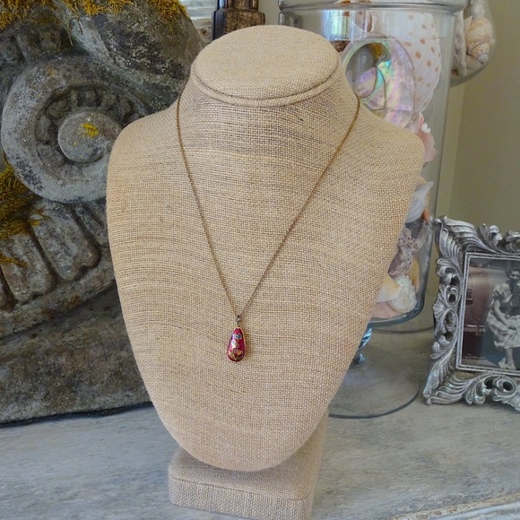 Vintage Floral Cloisonné Enamel Red Teardrop Pendant Necklace - Picture 5 of 7